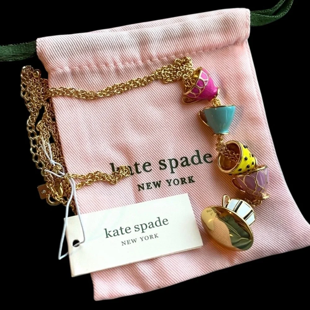 KATE SPADE Tea Time Stacked Teacup Long‎ Pendant Necklace NWT